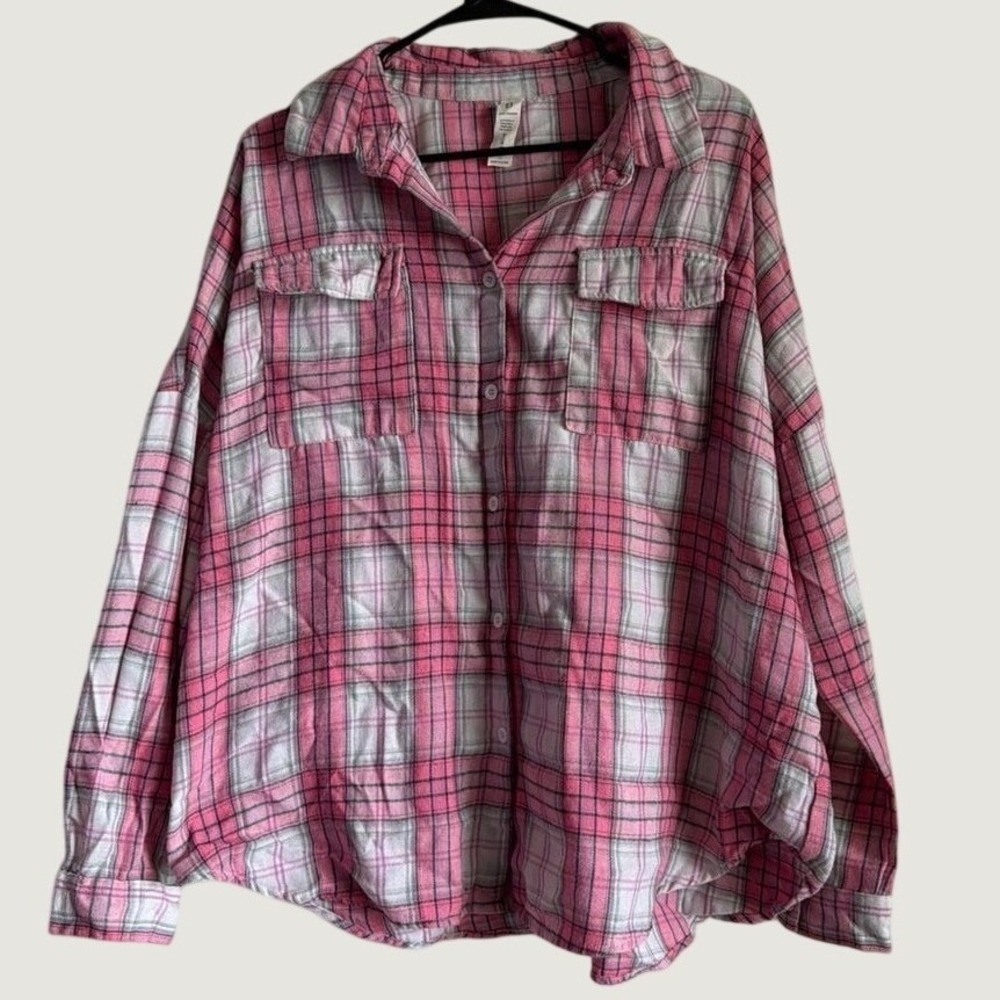 Womens Pink White Plaid Flannel Button Down Shirt Long Sleeve Checkered Top